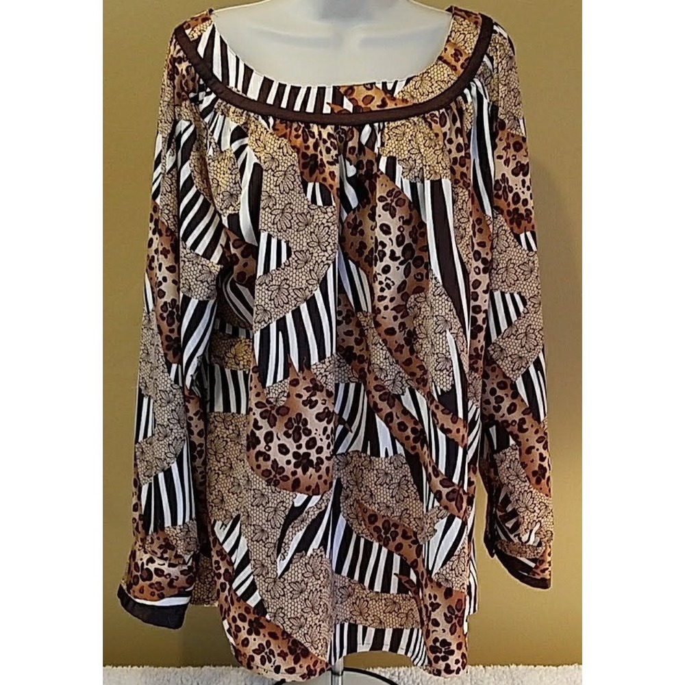 Kaelyn‎ Women's 1X Satin Patchwork Cheetah Zebra Blouse Tunic Statement Top